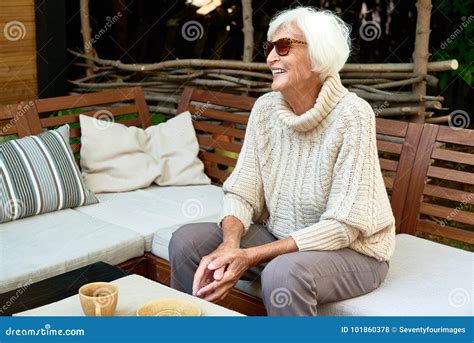 Happy Old Woman In Retirement Stock Photo Image Of Elderly Drinking