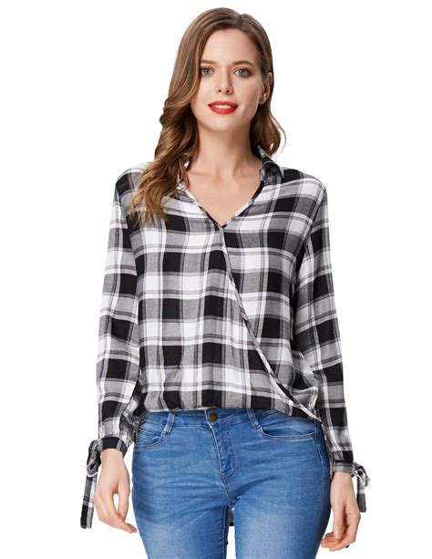 College Style Women Plaid Blouse Casual Comfy Grid Pattern V Neck High