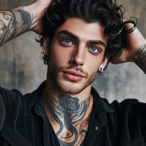 Tall Caucasian Man With Blue Eyes And Curly Black Hair And Tattoos Ai