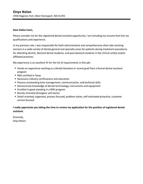 Registered Dental Assistant Cover Letter | Velvet Jobs