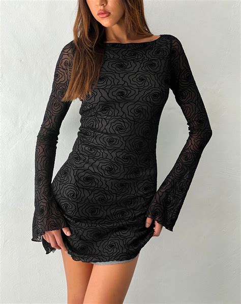 Mesh Black Abstract Flower Flock Long Sleeve Mini Dress Sevila