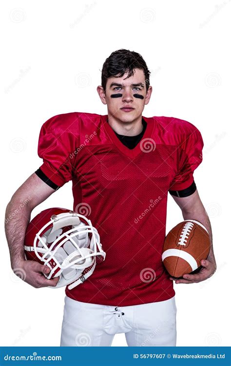 American Football Player Holding Helmet And A Ball Stock Image Image