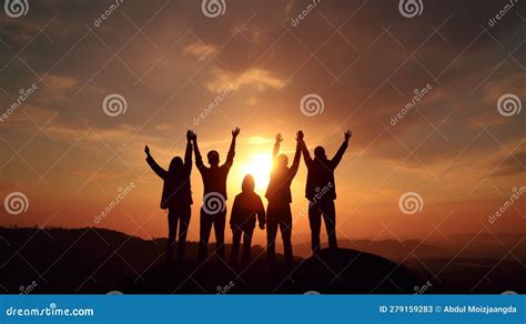 Silhouette of Group Happy Business Team Making High Hands in Sunset Sky ...