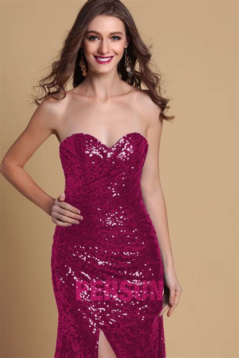 Robe Longue De Soirée Fendue Bustier Coeur En Sequin Jmrougefr