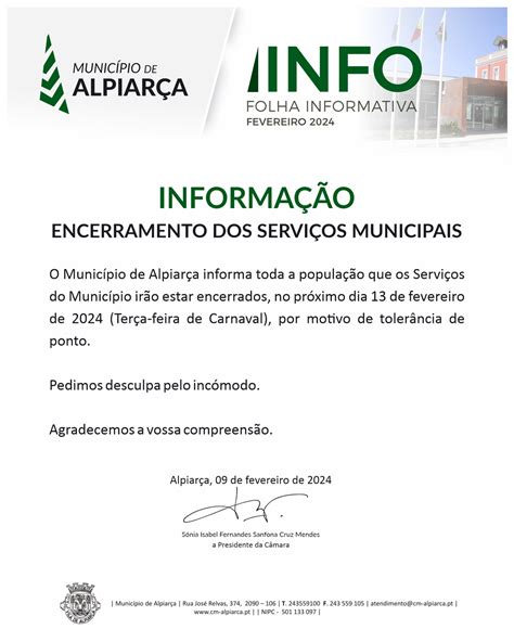 Informa O Municipal Encerramento Dos Servi Os Municipais Toler Ncia