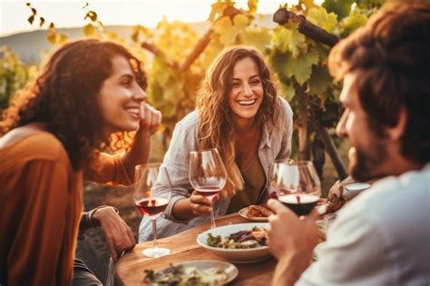 Grupo De Amigos Reunidos Para Degusta O De Vinho Na Vinha Do Campo Na