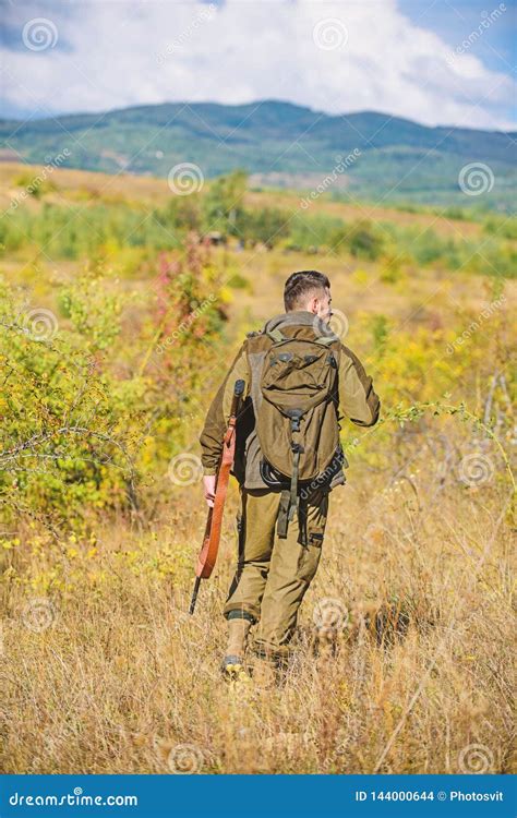 Man Hunter Carry Rifle Nature Background Experience And Practice Lends