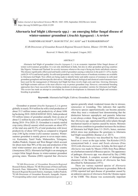 Pdf Alternaria Leaf Blight Alternaria Spp An Emerging Foliar