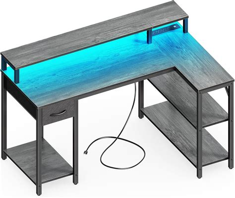 Superjare 47 Inch Reversible L Shaped Desk With Led Lights