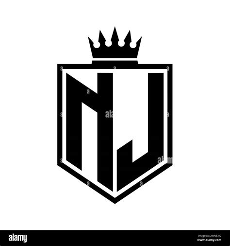 Nj Letter Logo Monogram Bold Shield Geometric Shape With Crown Outline