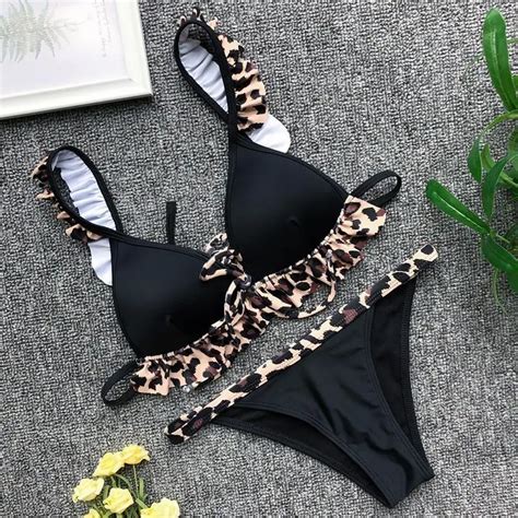 2019 Push Up Swimsuit Female Lace Up Leopard Swimwear Women Two Pieces Bikini Set With Bra Cup