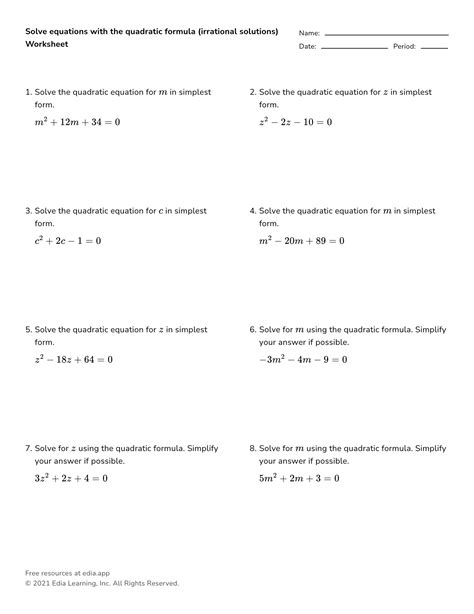 Solving Quadratic Equations By The Quadratic Formula Sas Worksheets