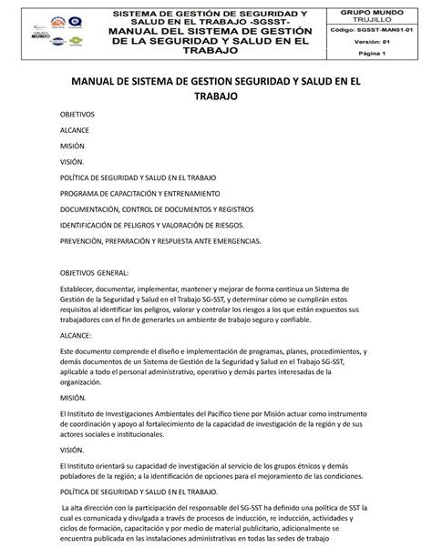 Manual DE Sistema DE Gestion Seguridad Y Salud EN EL Trabajo Final