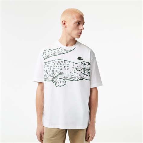 Mens Lacoste Round Neck Loose Fit Crocodile Print T Shirt