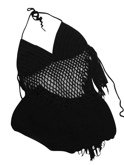 Lamuusaa Women Swim Bikini Suit Sleeveless Hanging Neck Tassels Cutout Vest Knitting Briefs