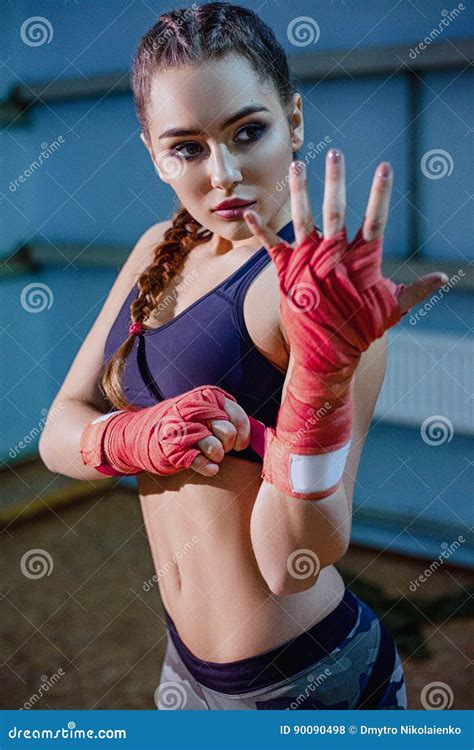 Fitness Blonde Girl In Sport Wear Portrait Of Female Boxer In Sport Wear With Fighting Stance