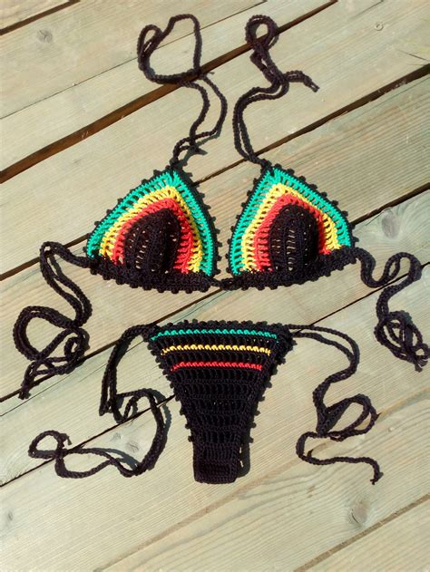 Crochet Bikini See Through Rasta Crochet Bikini Bikini Crochet Etsy