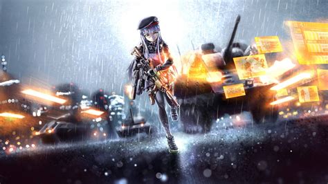 Girls Frontline Battlefield Girl With Gun Running On Rain HK416 And ...