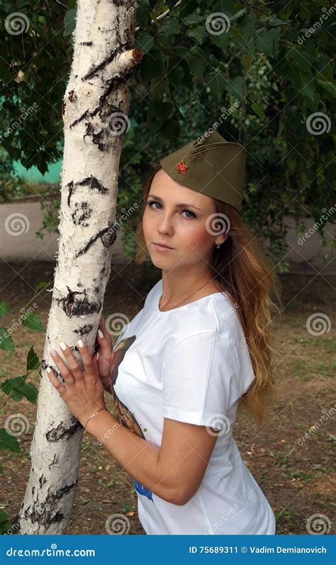 Girl In A Military Garrison Cap About A Birch Stock Image Image Of Plant Russian 75689311