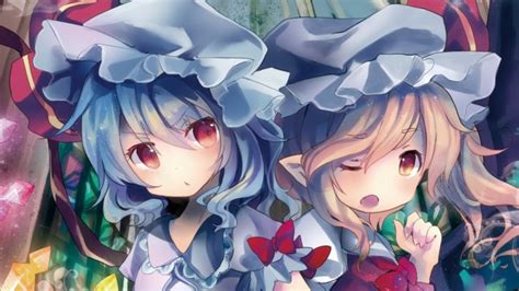 Girls Blonde Hair Blue Hair Fang Flandre Scarlet Hat Red Eyes Remilia Scarlet