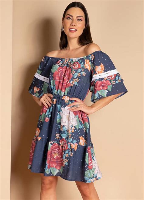 Vestido Floral Azul Ombro A Ombro Babados Quintess