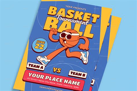 Blue Retro Cartoon Basketball Tournament Flyer Print Templates