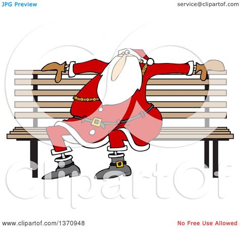 Clipart Of A Cartoon Christmas Santa Claus Sitting On A Park Bench