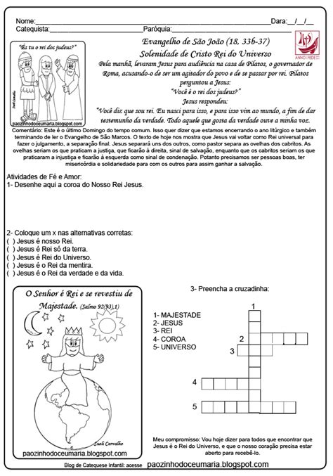 Pãozinho do Céu Cristo Rei do Universo Atividades para Encontro de