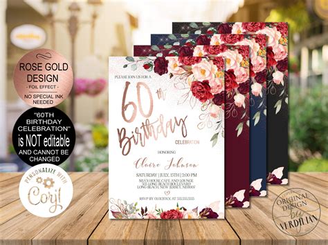 60th Birthday Invitation For Women Burgundy Rose Gold Floral Etsy