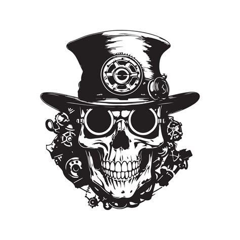 Steampunk Skull Logo Concept Black And White Color Hand Drawn