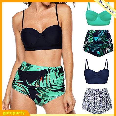Goto Leaves Flower Geometric Two Piece Bikini Set Women High Waist Ruched Swimsuit Shopee Malaysia