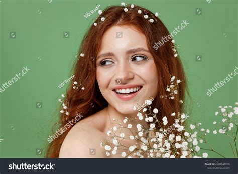 Beautiful Nice Half Naked Topless Redhead Stock Photo