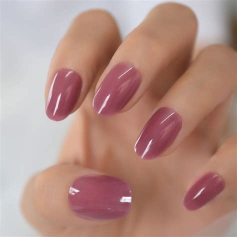 Pure Color Nails Uv Polish Oval Faux Nails Light Taro Purple Glossy