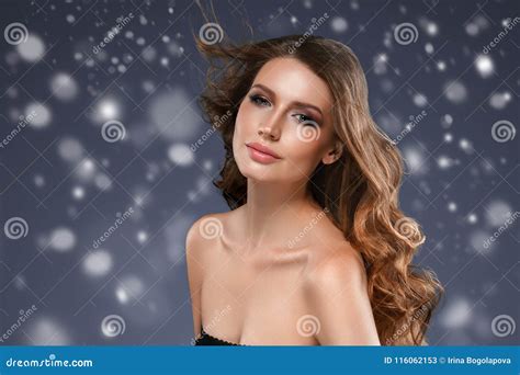 Beauty Brunette Woman Winter Snow Face Portrait Beautiful Spa M Stock Image Image Of