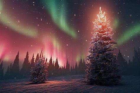 Aurora Borealis Lights On Night Sky Over Christmas Winter Landscape