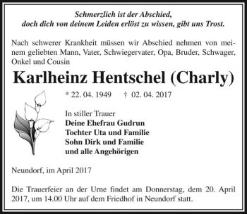 Traueranzeigen Von Karlheinz Hentschel Charly Abschied Nehmen De