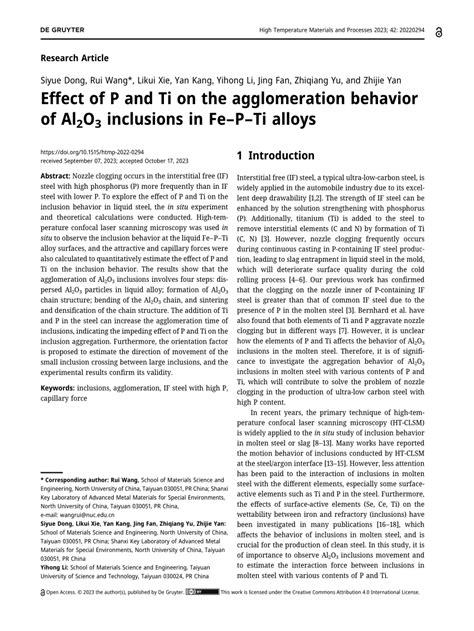 Pdf Effect Of P And Ti On The Agglomeration Behavior Of Al O