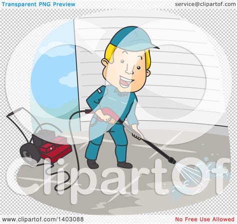 Clipart Of A Cartoon Blond White Man Pressure Washing Royalty Free