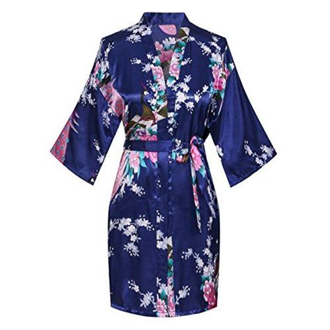 Kissria Womens Kimono Robes Peacock And Blossoms Short Style Silk