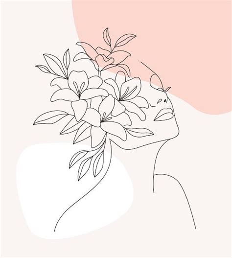 A Line Drawing Of A Woman S Face With Flowers In Her Hair Against A