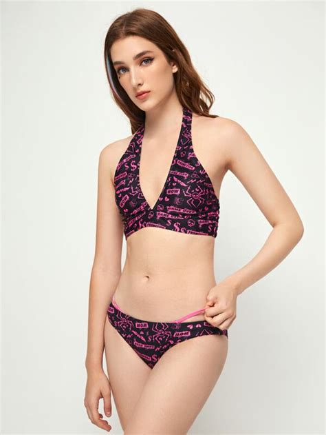 Romwe Ba Ador Bikini Esqueleto Con Estampado De Letra Moda De Mujer