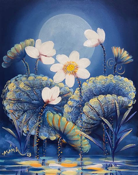 White Lotuses In The Moonlight Vietnamese Oil Painting By Artist