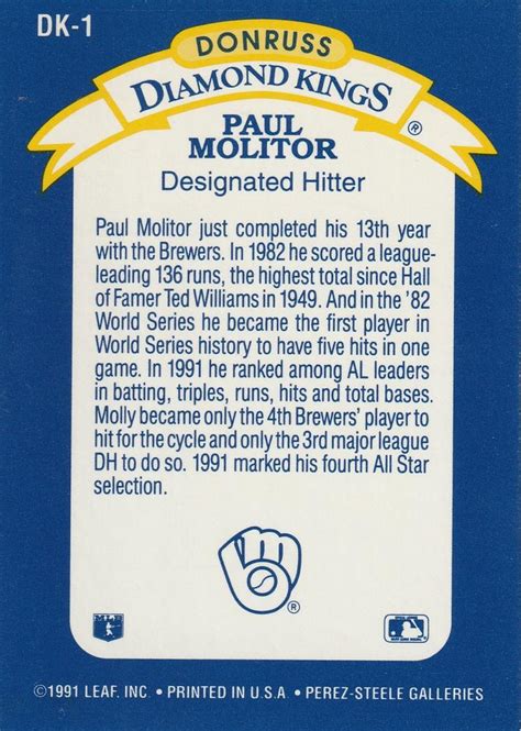 1992 Donruss Diamond Kings DK 1 Paul Molitor Trading Card Database