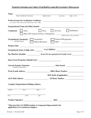Fillable Online Nominee Information Sheet For Dod Leader Fax Email