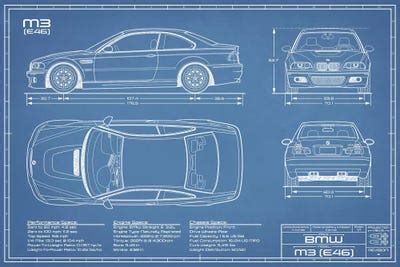 BMW M2 (E46) Blueprint Canvas Art Print by Action Blueprints | iCanvas