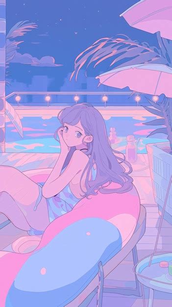 Lofi Girl In Bikini On A Beach Anime Manga Style Illustration Design Background Generative Ai