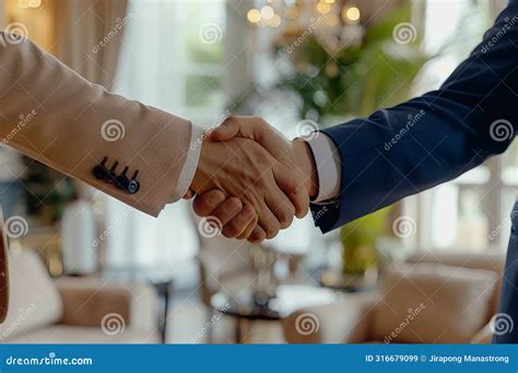 Powerful Handshake Male Businessmen Congratulate Each Other And Respect