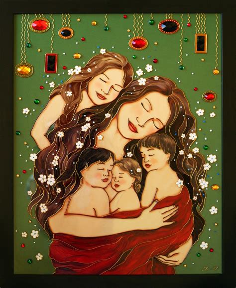 Mom with four babies 3d painting on glass mother and four children