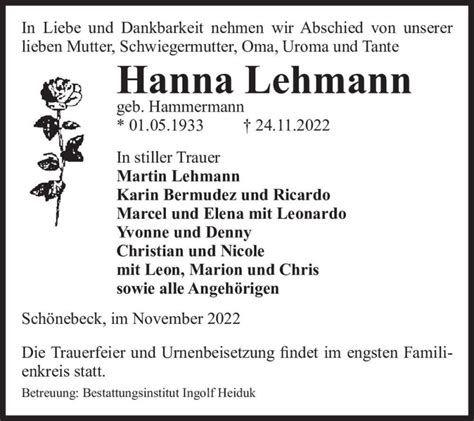 Traueranzeigen Von Hanna Lehmann Geb Hammermann Abschied Nehmen De