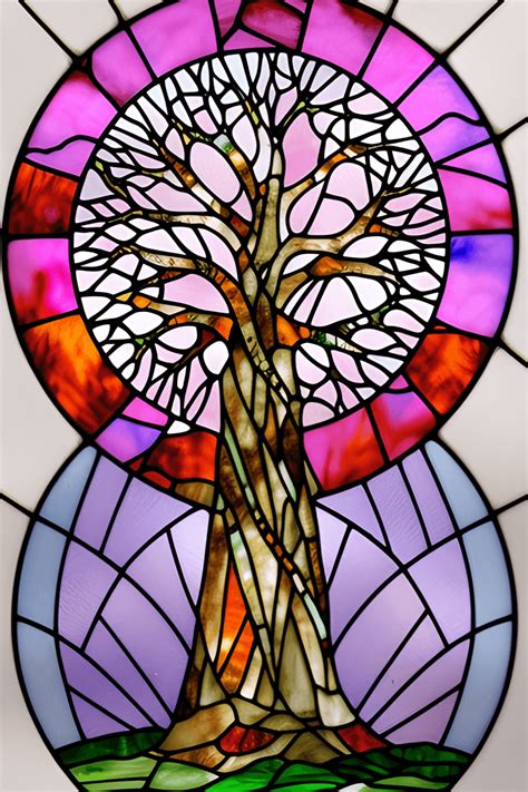 Rond Glas In Lood Raam Tree Of Life Aquarel Roze Geel Creative Fabrica